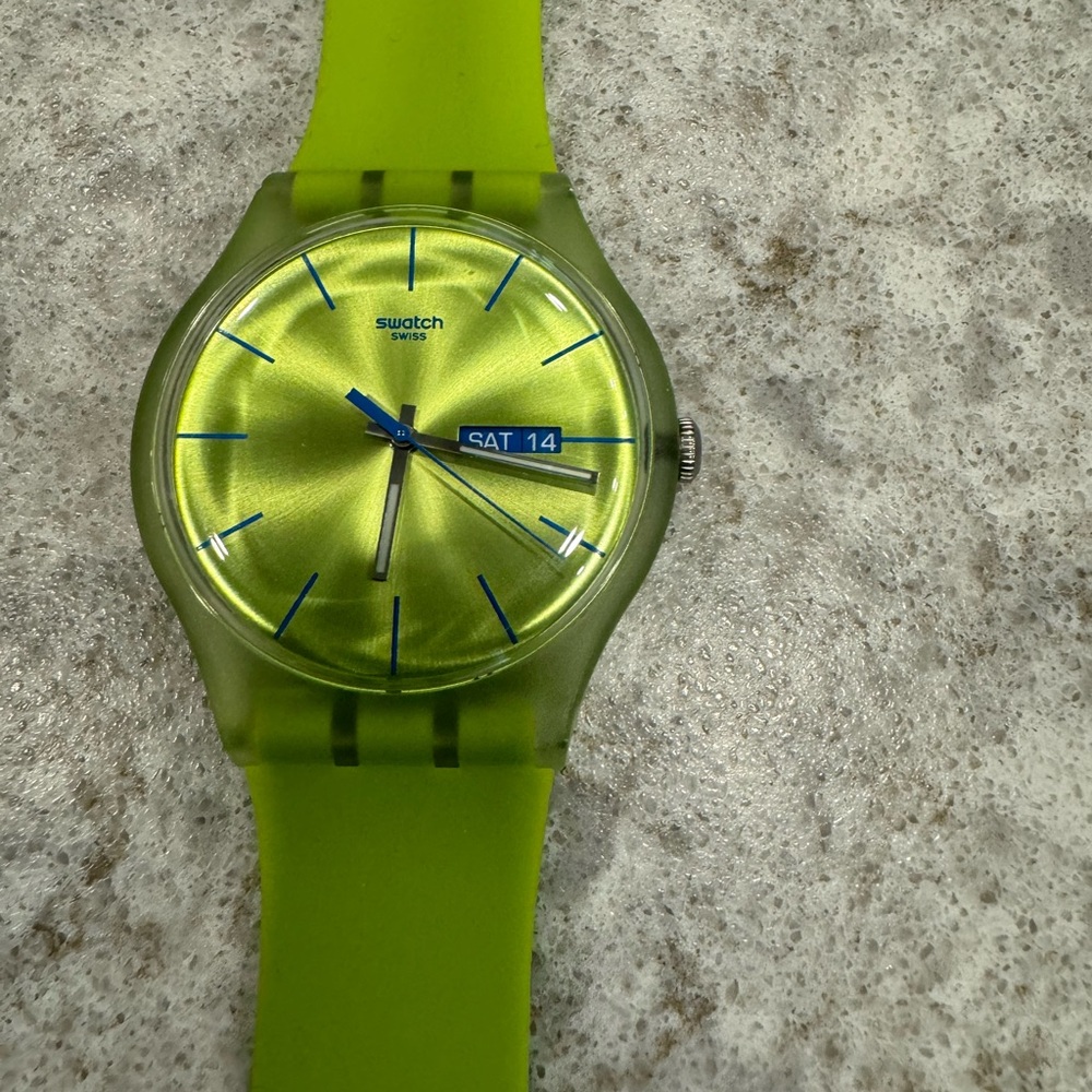 SWATCH watch - lime green band with iridescent watch face; Day & Date settings